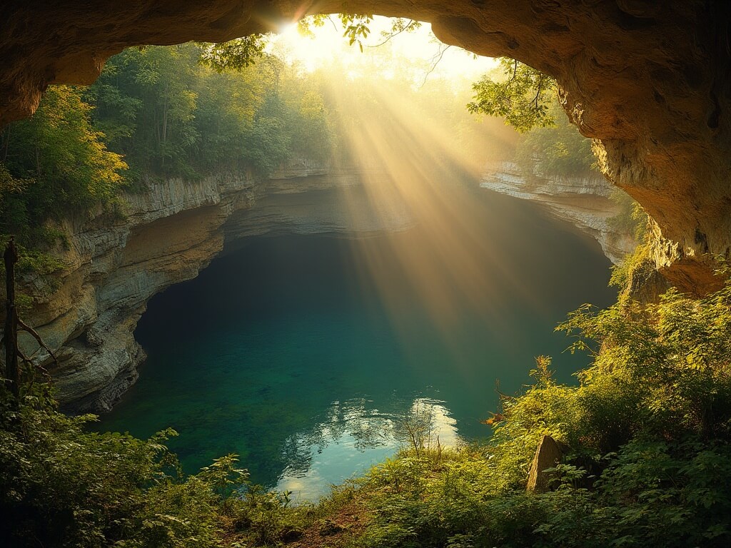 Golden hour landscape of Cedar Sink Trail featuring a sinkhole ecosystem, lush ferns, trees, limestone cliffs, sunlight filtering through the canopy, and morning mist.
