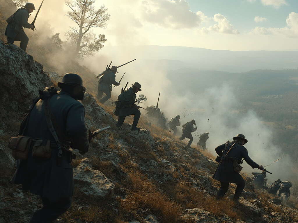 Colonel Joshua Chamberlain leading Union soldiers in bayonet charge on rocky slope of Little Round Top, with Confederate soldiers retreating, musket smoke, spent ammunition and discarded equipment in late afternoon light.