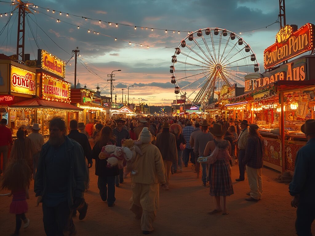 Crowds enjoying illuminated rides, games and food stalls at Cheyenne Frontier Days carnival against a dusky Wyoming sky.