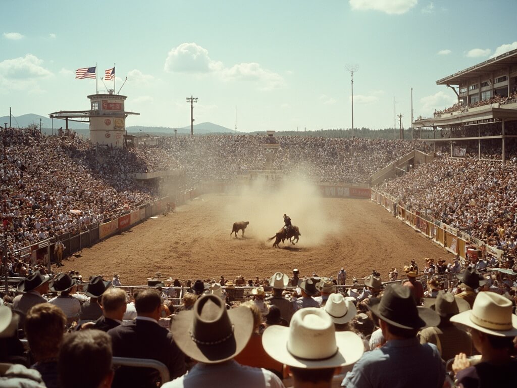 Bull rider in action at packed Frontier Park rodeo arena during Cheyenne Frontier Days, Wyoming, with spectators in Western attire, flags waving and dust clouds rising