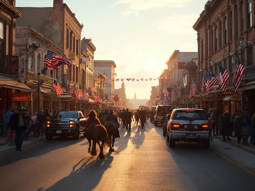 Downtown Cheyenne, Wyoming during Frontier Days with rodeo attendees strolling between historic buildings and hotels, decorated with rodeo banners and American flags, at golden hour