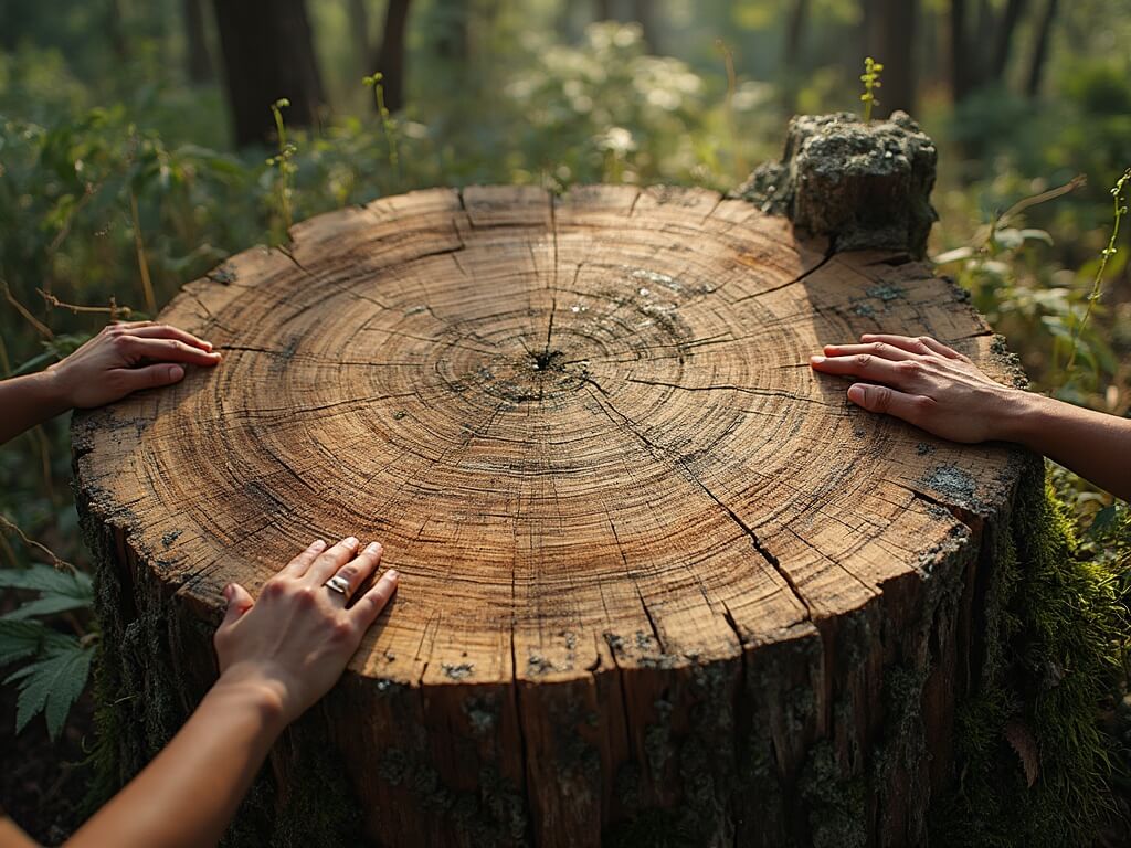 Close-up of Chicago Stump's weathered growth rings with human hands for scale, moss and lichen on surface, framed by forest vegetation, under soft light.