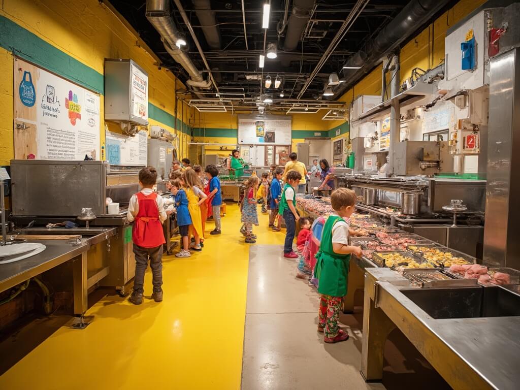 Children in colorful aprons at a mock SPAM production line in a brightly colored play area with oversized machinery replicas, parents observing from viewing areas, and educational signs explaining the process