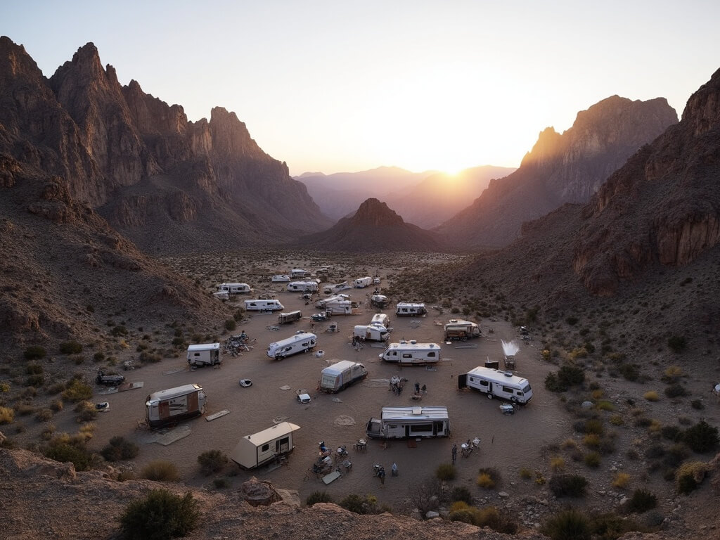 Chisos Basin Campground at golden hour, with camping sites, small tents and RVs surrounded by rugged mountain peaks under a clear desert sky