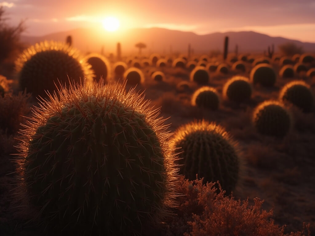 Golden hour at Cholla Cactus Garden where rising sun illuminates the cacti into glowing orbs, the forefront cactus catching the warm light against the pink-orange dawn sky.