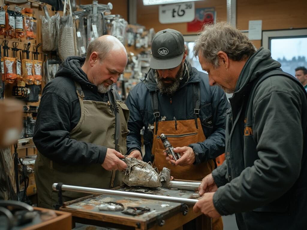 Customer examining a stainless steel clam gun with an employee's guidance at a sporting goods store in the Pacific Northwest, amidst displays of clam digging equipment including mesh bags, LED headlamps, insulated chest waders, and shovels, all illuminated by soft fluorescent lighting.