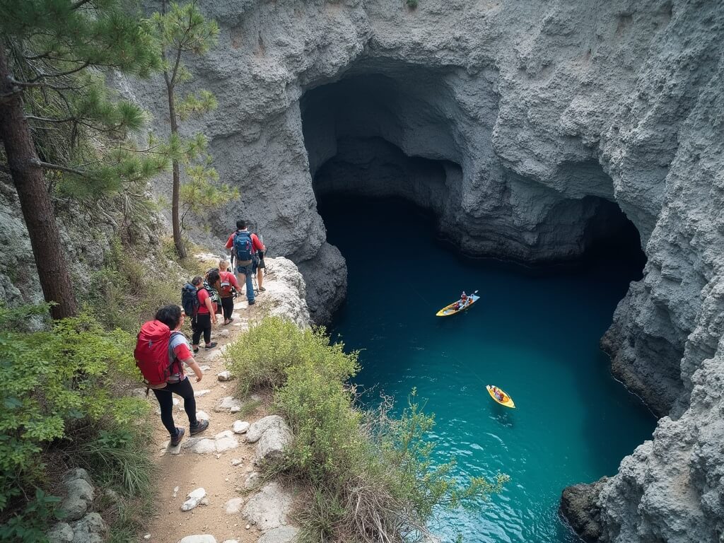 Hikers cautiously descending the steep and narrow Cleetwood Cove Trail, the only access to touch the 38-degree Fahrenheit water of the caldera lake, showcasing the challenging 2.2-mile switchback path and the ranger-led boats docked for Wizard Island tours