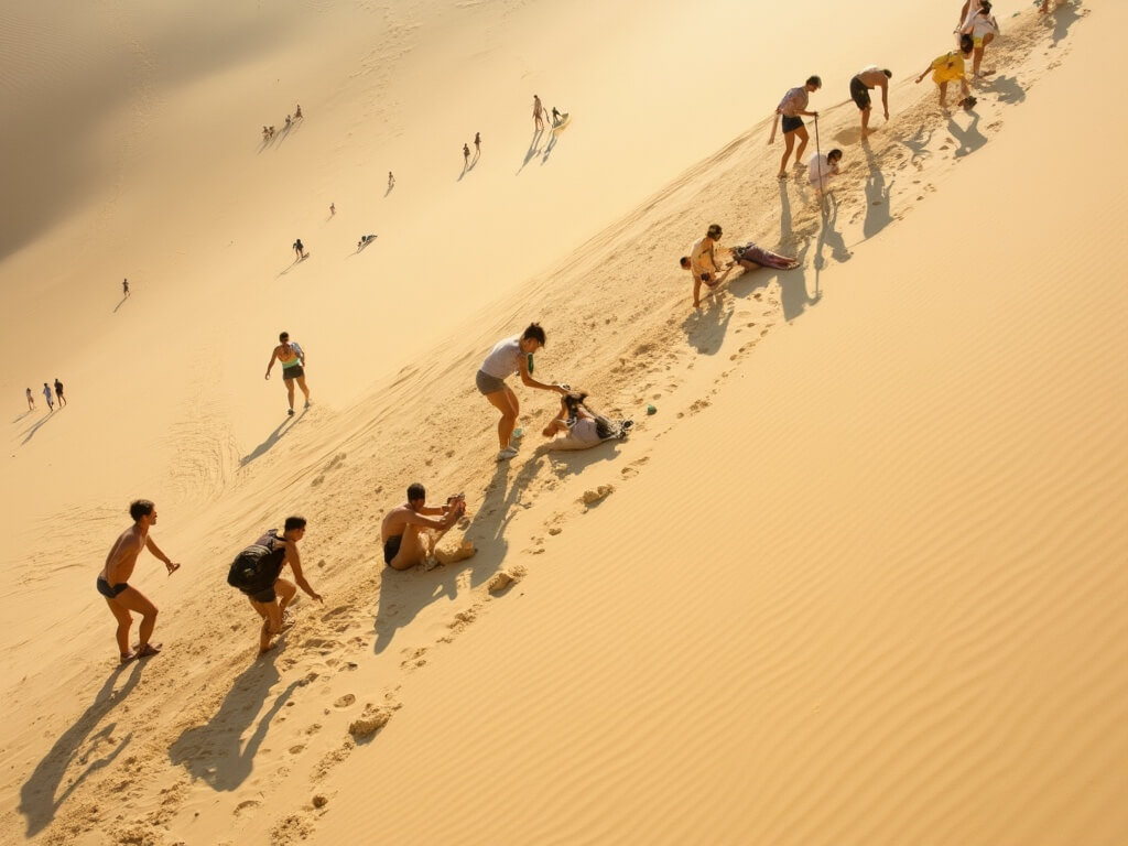Climbers struggling up the steep Dune Climb in intense summer heat, with scattered people resting and deep footprints in the sand, and tiny figures near the summit appearing against the bright sky.