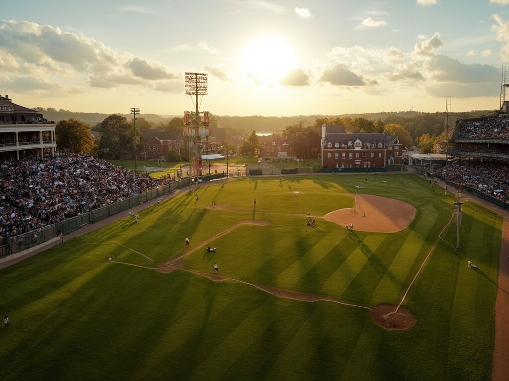 Doubleday Field in golden hour showcasing baseball diamond, wooden grandstands, American flags, and surrounding 19th-century Cooperstown architecture with Otsego Lake in the distance