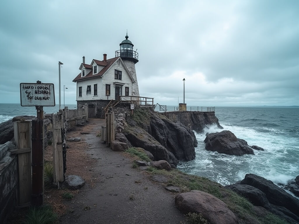 Documentary photograph of the isolated, dilapidated Copper Harbor Lighthouse on Lake Superior's rocky shore in November, featuring locked gates, weathered closure signs, an abandoned ferry dock with crashing waves, storm clouds overhead, and visible foundation erosion.