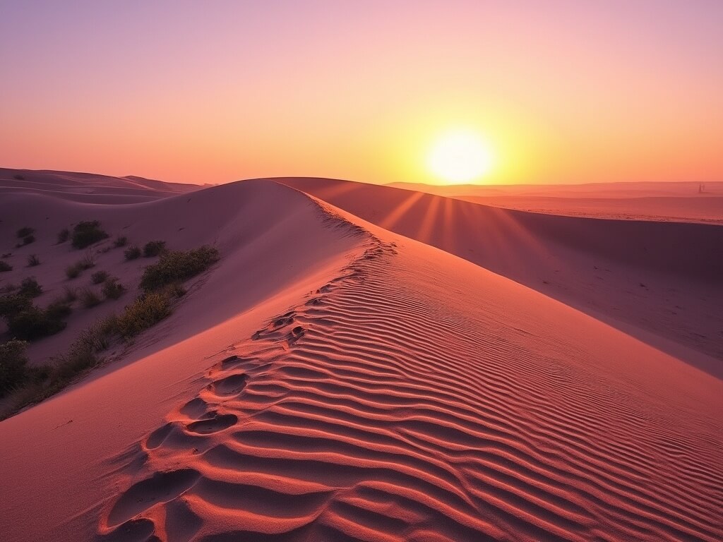 Sandboarder preparing for descent during a golden sunrise at Coral Pink Sand Dunes State Park with shadows and wildflowers enhancing the coral-pink hue of the sand