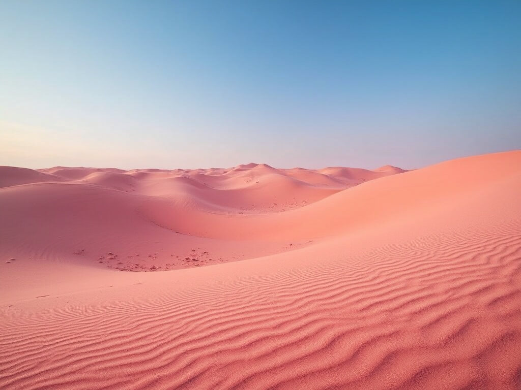 Coral Pink Sand Dunes State Park at golden hour, showing large coral-pink sand dunes and iron oxide particles creating a vibrant pink hue, with clear blue sky above, devoid of people or equipment