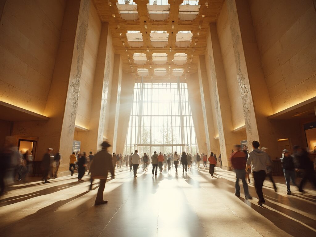 Interior view of the main entrance hall at the National Cowboy & Western Heritage Museum, showcasing the modern-prairie architecture, natural light through clerestory windows, polished stone floors, motion-blurred visitors, and the building's grand scale.