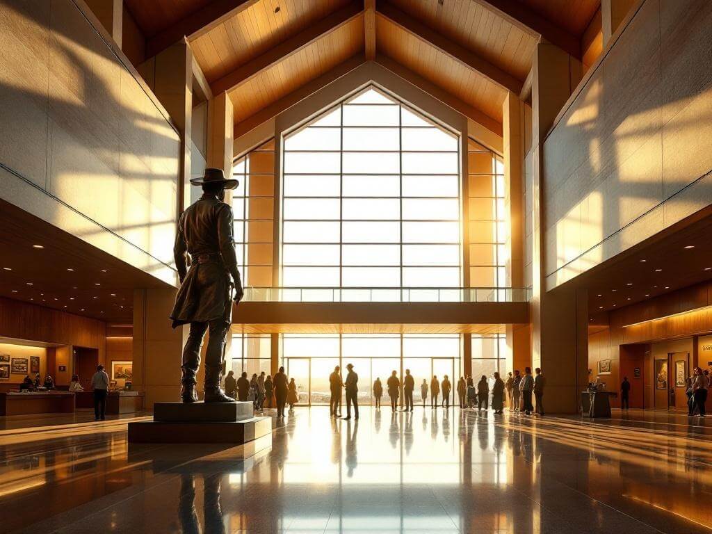"Bronze cowboy statue in the foreground of the grand entrance hall of the National Cowboy & Western Heritage Museum in Oklahoma City, illuminated by natural light, with visitors silhouetted against large windows"
