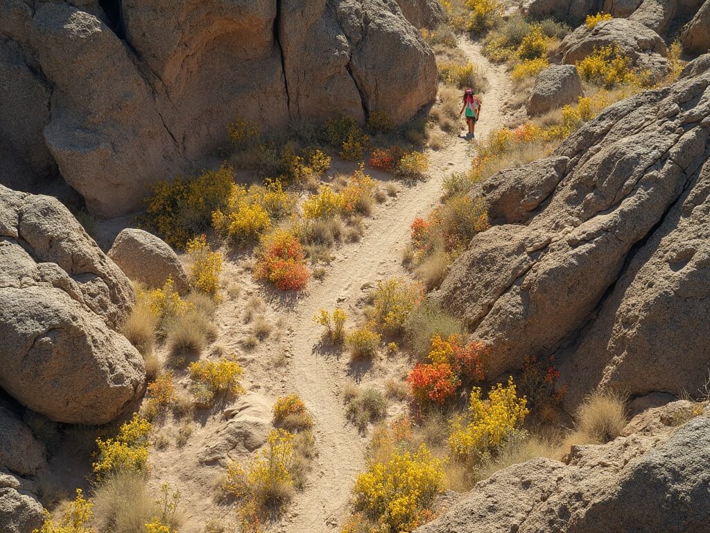 Aerial view of Coyote Canyon on a sparse bloom year with scattered yellow brittlebush and red ocotillo blooms, rocky outcrops, dry washes, and a solitary hiker on a winding trail.