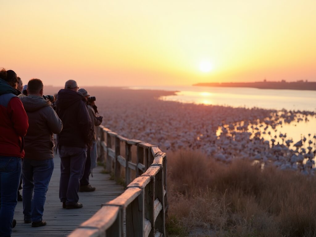 Tour group observing thousands of cranes at sunrise on the Platte River, with birdwatchers equipped with binoculars and cameras, a guide indicating bird behaviors, and crane tourism infrastructure including a wooden boardwalk and interpretive signs.