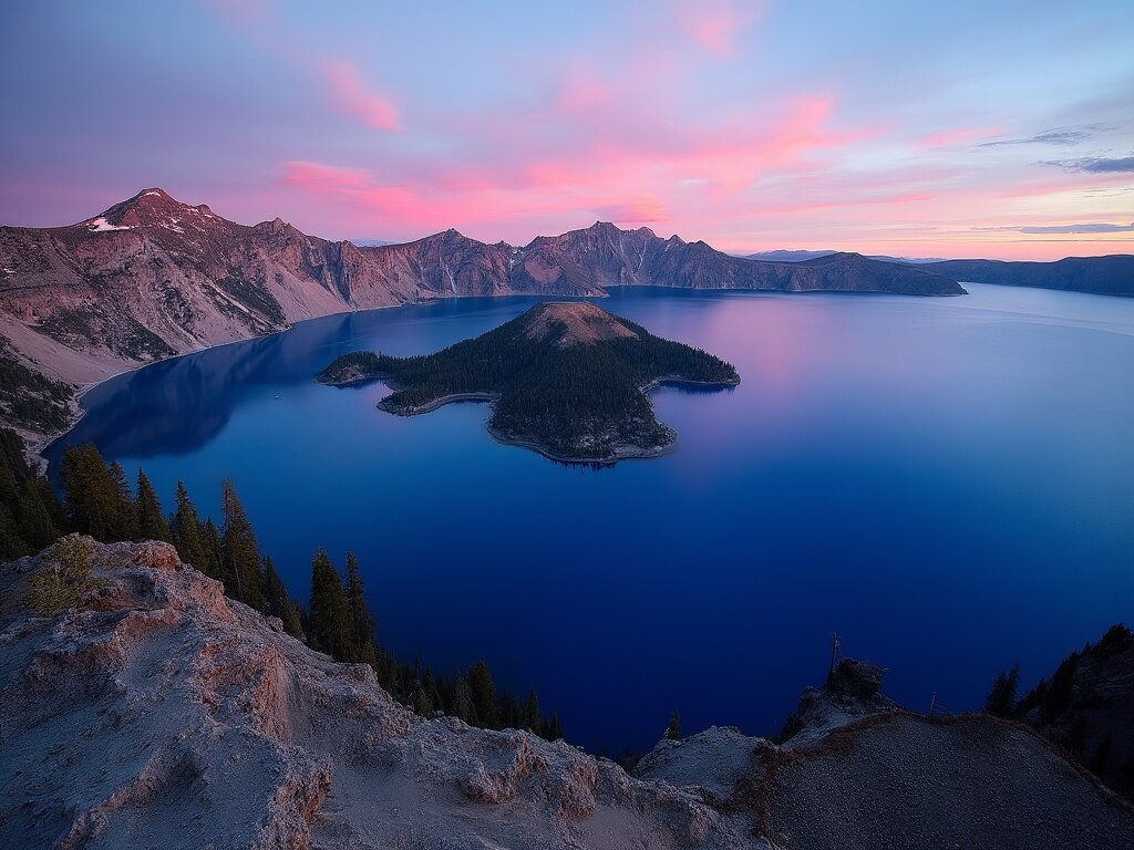Sinnott Memorial Overlook view of Crater Lake's impossibly blue water reflecting the shifting sunset colors, surrounded by the remnants of Mount Mazama's volcanic walls, highlighting the 1,943-foot deep caldera
