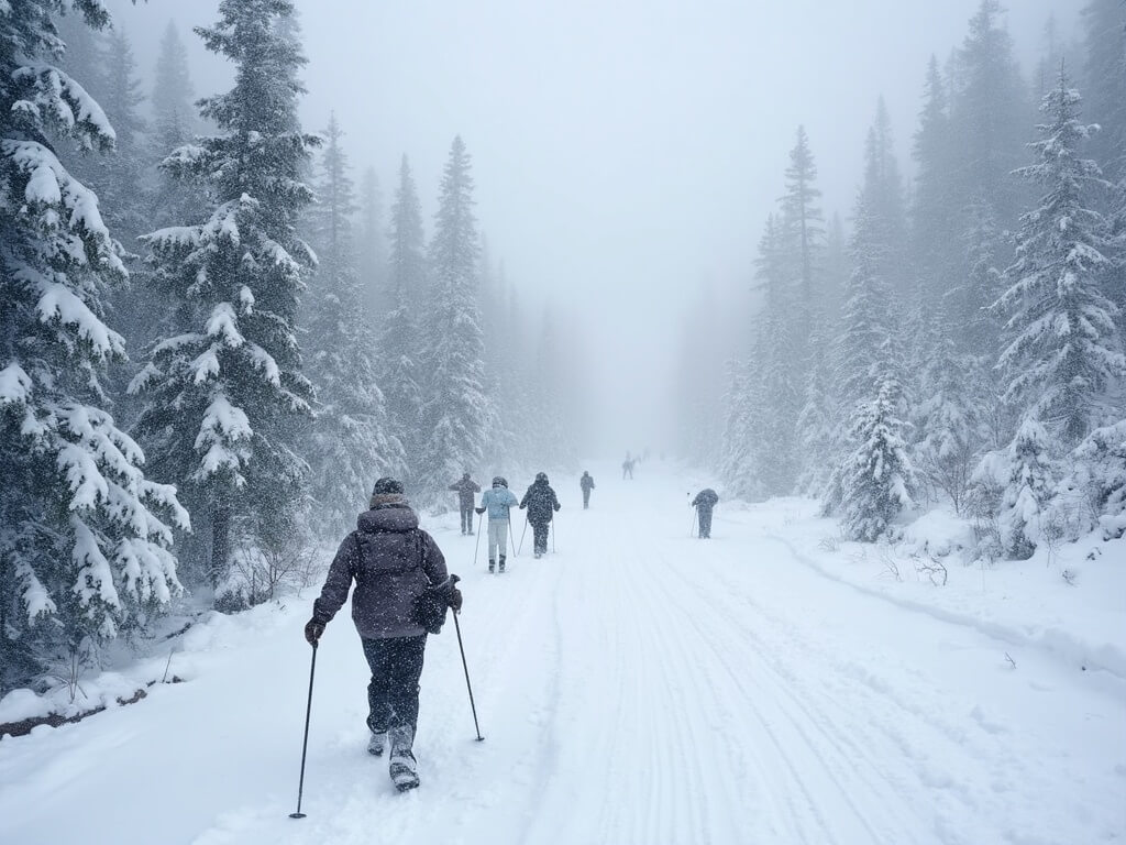 Summertime scene of crowds at the fully parked Rim Village contrasting with tranquil winter landscape, displaying cross-country ski trails and snowshoe paths on 43 feet of snow where roads once existed, with barely visible Crater Lake Lodge and sparse winter adventurers.