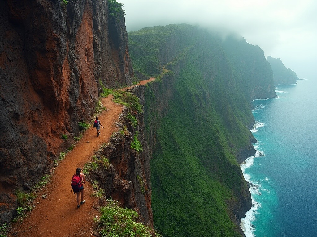 Hiker with red backpack navigating the narrow, precarious Crawler's Ledge on Kalalau Trail, with rust-colored cliffs, emerald vegetation, and Pacific Ocean below, under morning fog