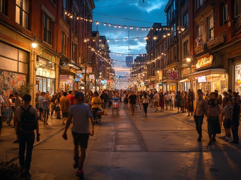 Bustling First Friday evening in Crossroads Arts District with galleries, diverse crowds, street artists, food trucks, and industrial-chic warehouse architecture under warm evening lighting