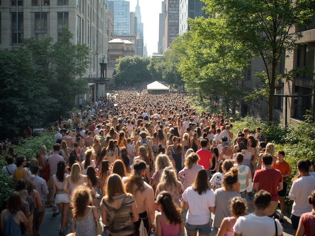 Dense crowd on High Line park's narrow pathway on a summer Saturday afternoon with tourists frequently stopping for selfies causing bottlenecks, parents lifting children on shoulders to view, with barely visible lush greenery and harsh sunlight emphasizing overcrowding.
