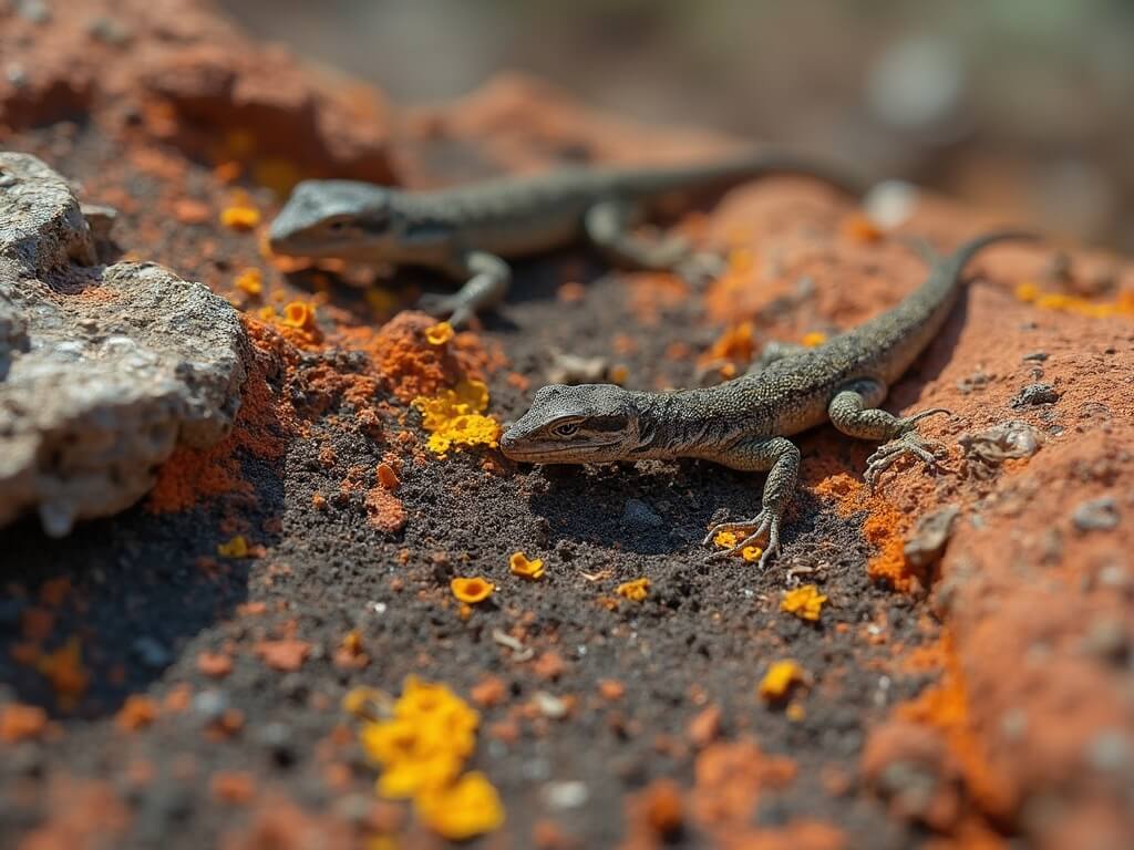 Close-up of cryptobiotic soil crust, orange and yellow lichen on red sandstone, a collared lizard semi-blurred in the background, crushed juniper needles around in morning light.