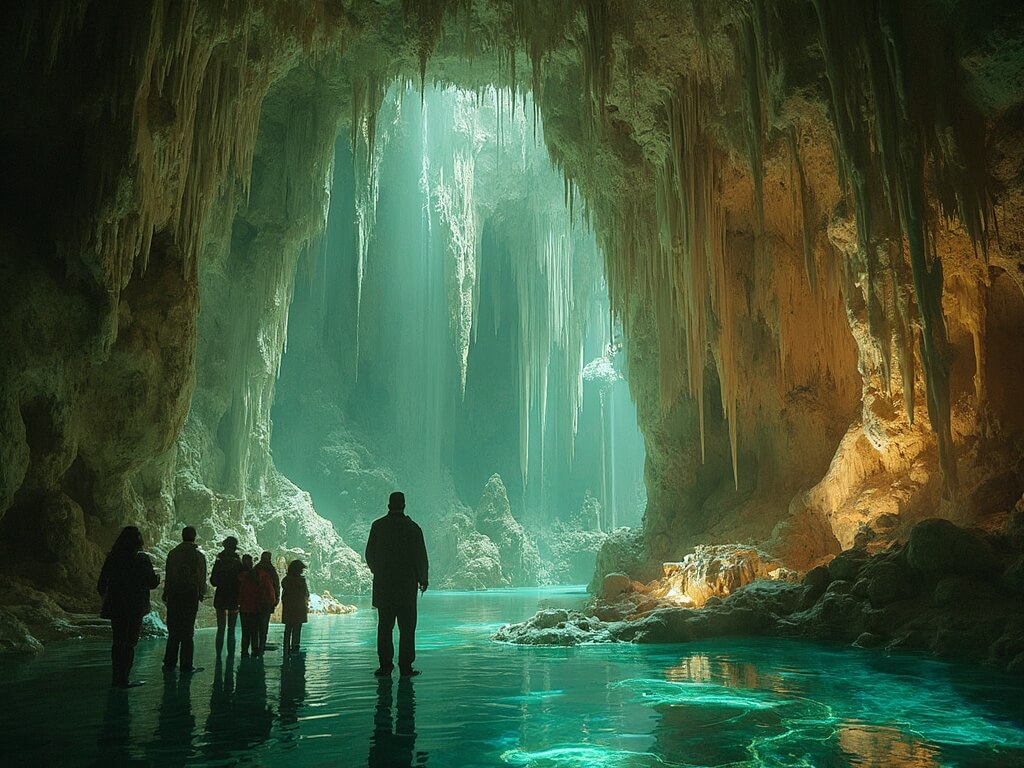 Tour group exploring the main marble chamber in Crystal Cave, adorned with stalactites and stalagmites, illuminated by green and amber lights, with a stream flowing on the polished marble floor and cathedral-like ceiling structures.