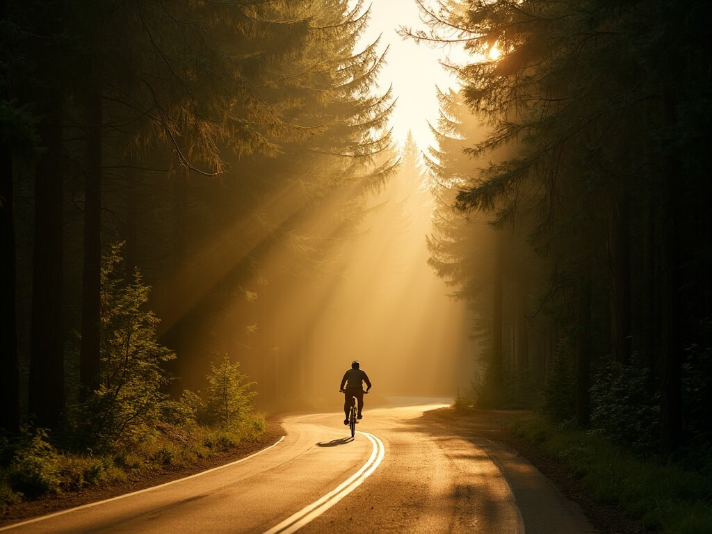 A solitary cyclist riding on the sunlit M-119 during golden hour, curving through a dense cedar and pine forest with naturally created light patterns, standing out as a silhouette against bright patches of sunlight breaking through the canopy, highlighting the human size in comparison to the towering trees that create a tunnel-like effect, emphasizing the joy and vulnerability of manual cycling on a scenic route rather than motorized vehicles