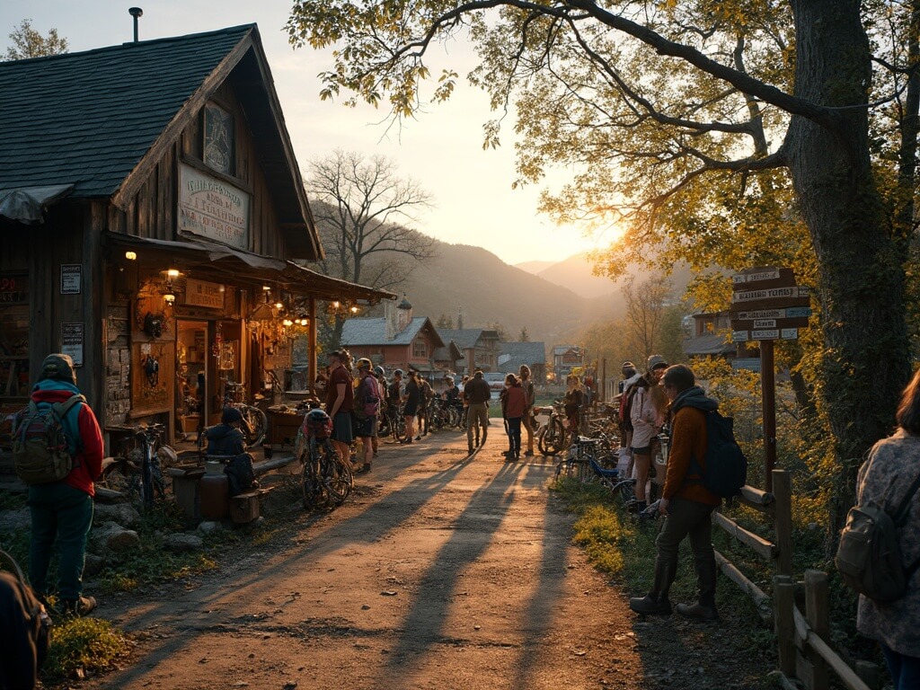 Hikers and cyclists at the Damascus trail hub in Southwest Virginia, gathering outside a shop during golden hour where the Virginia Creeper Trail meets the Appalachian Trail