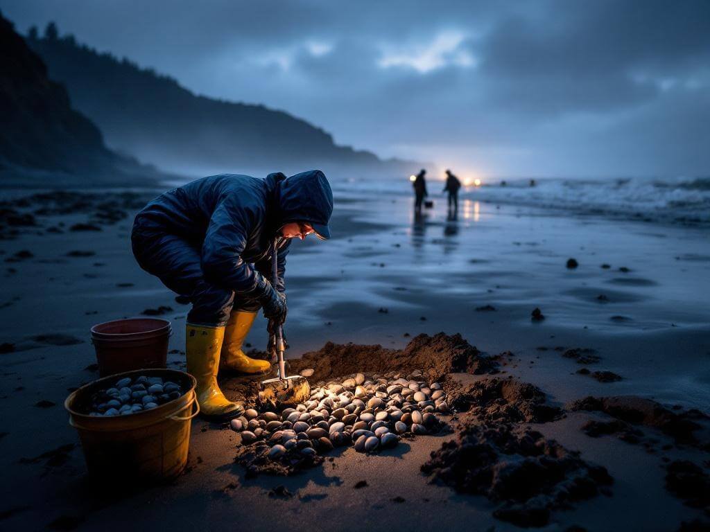 "Individual harvesting clams at dawn on a Pacific Northwest beach with headlamp and shovel, a bucket of fresh razor clams, distant diggers with glowing headlamps, misty coastal backdrop amid golden sunrise and headlamp glow"
