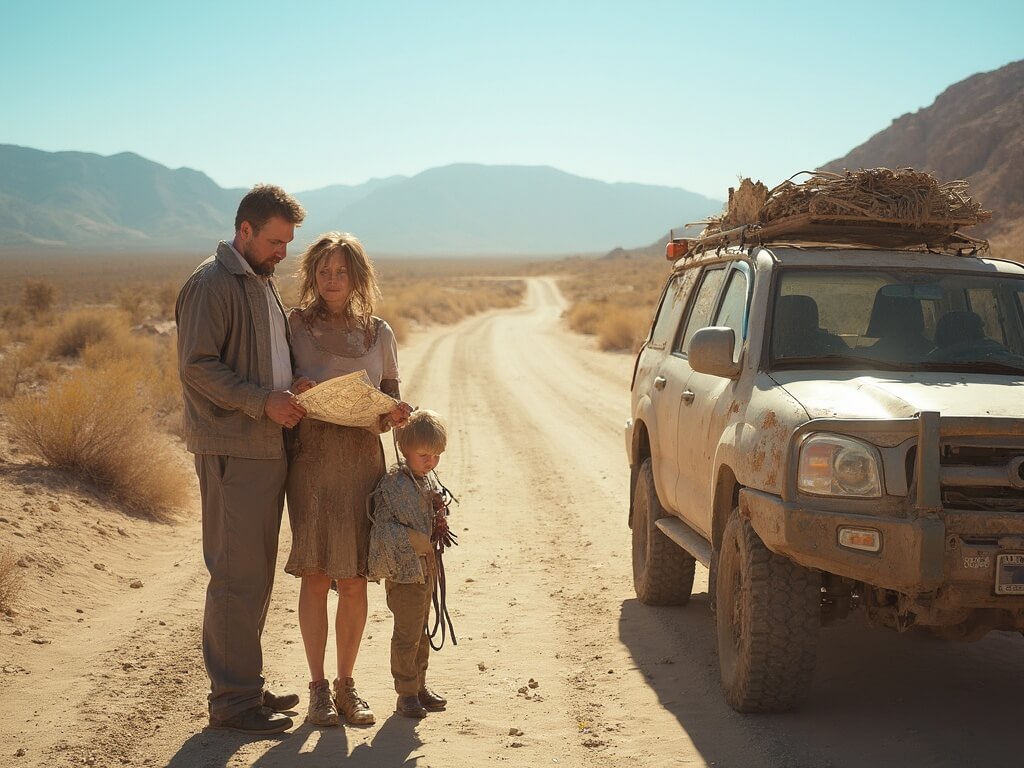 Frustrated family consulting a map next to their SUV on a dusty road in Anza-Borrego Desert State Park during a low-bloom year.