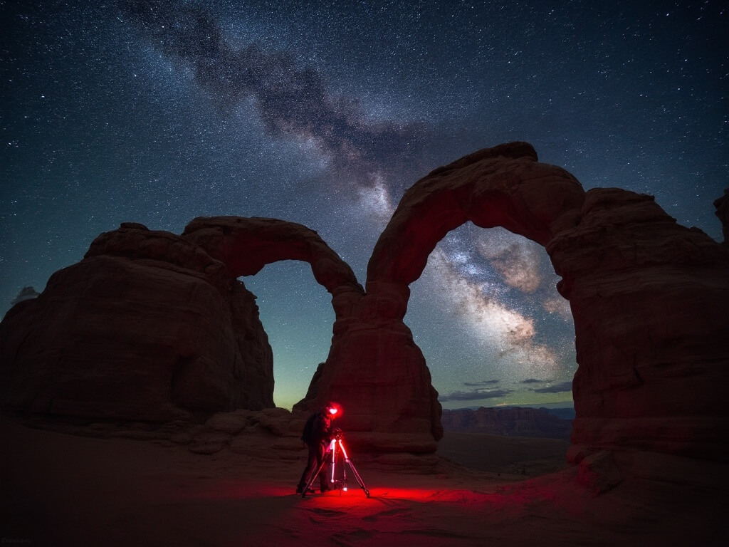 Photographer adjusting camera on tripod for night photography at Double O Arch with Milky Way galaxy and star trails in the background.