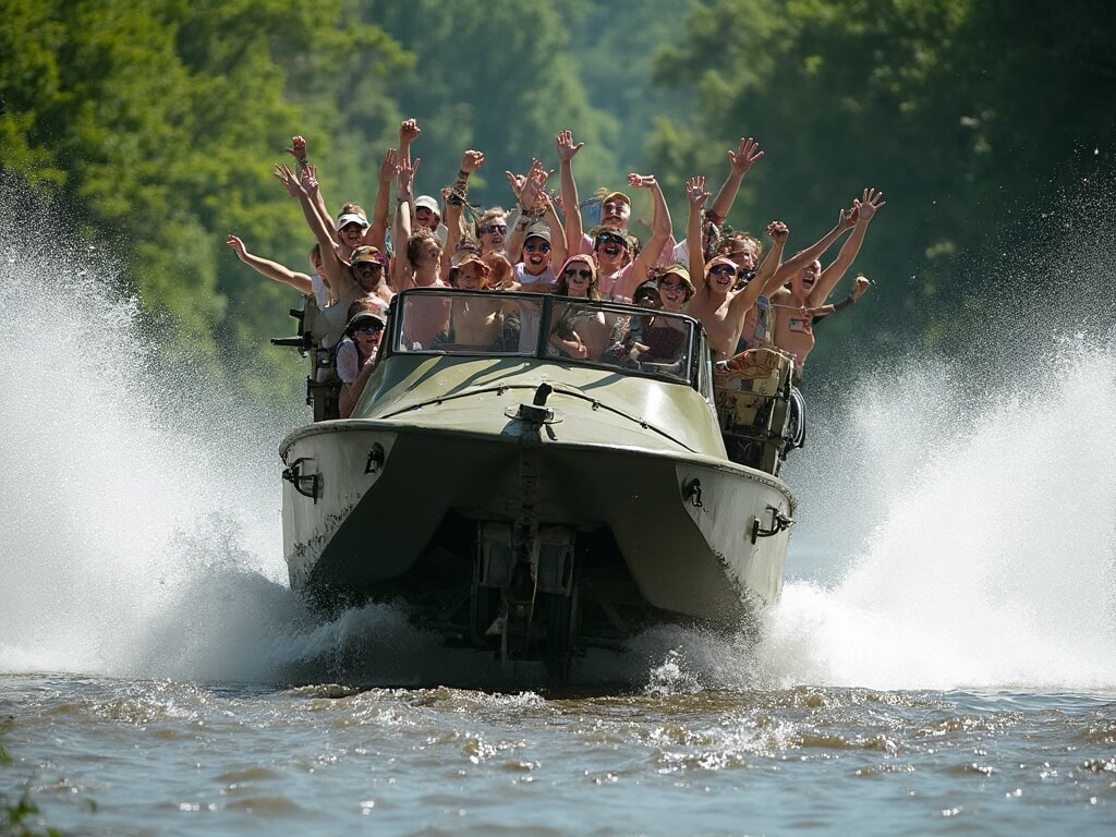 Excited tourists in a WWII-era DUKW duck boat splashing into the Wisconsin River with water spraying dramatically around, framed by late summer foliage.