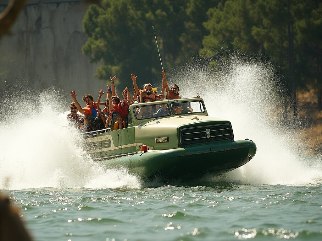 Vintage olive-green DUKW amphibious vehicle splashing into the Wisconsin River filled with thrilled families, surrounded by dense pine forest and towering sandstone cliffs