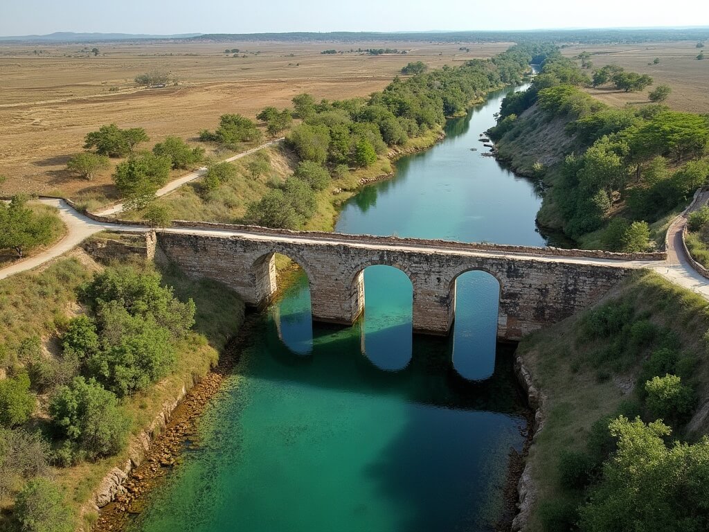 Aerial view of the historic Espada Aqueduct with clear water flowing through stone arches, surrounded by Texas vegetation and agricultural fields, with Mission Reach Trail visible alongside.