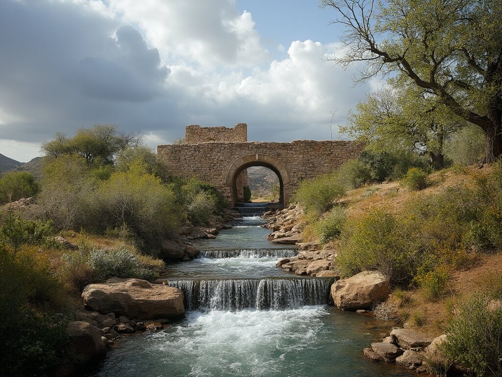 Espada Aqueduct at Mission Espada with water flowing through the ancient stone archway, framed by native Texas vegetation, with weathered mission walls and original chapel in the background under dramatic clouds