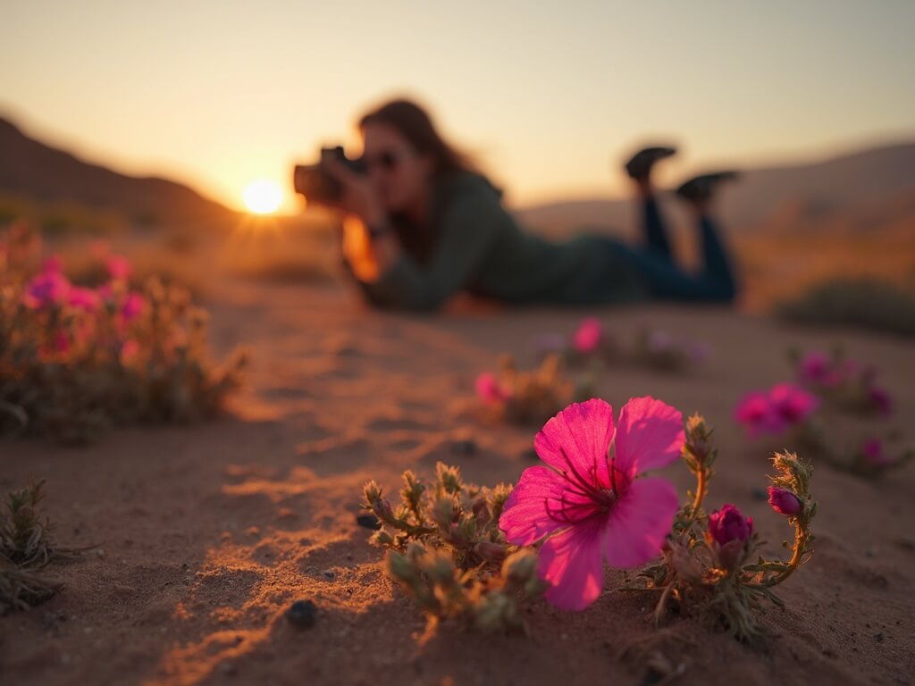 Photographer ethically taking a macro shot of a magenta sand verbena at golden hour in the desert, with tripod legs and undisturbed wildflowers in the background
