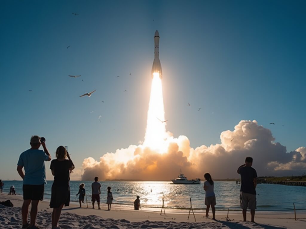 SpaceX Falcon 9 rocket launching from Cape Canaveral, its white exhaust plume and shock diamonds visible against a blue sky, beachgoers shielding their eyes and recording the event, with the rocket's reflection on the ocean and seagulls flying away.