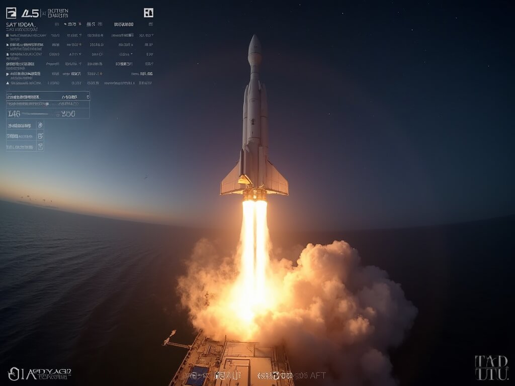 SpaceX Falcon 9 rocket performing a suicide burn during booster landing illuminated by a bright flame, descending toward an Atlantic Ocean drone ship with telemetry data overlays and the Florida coastline in the distance.