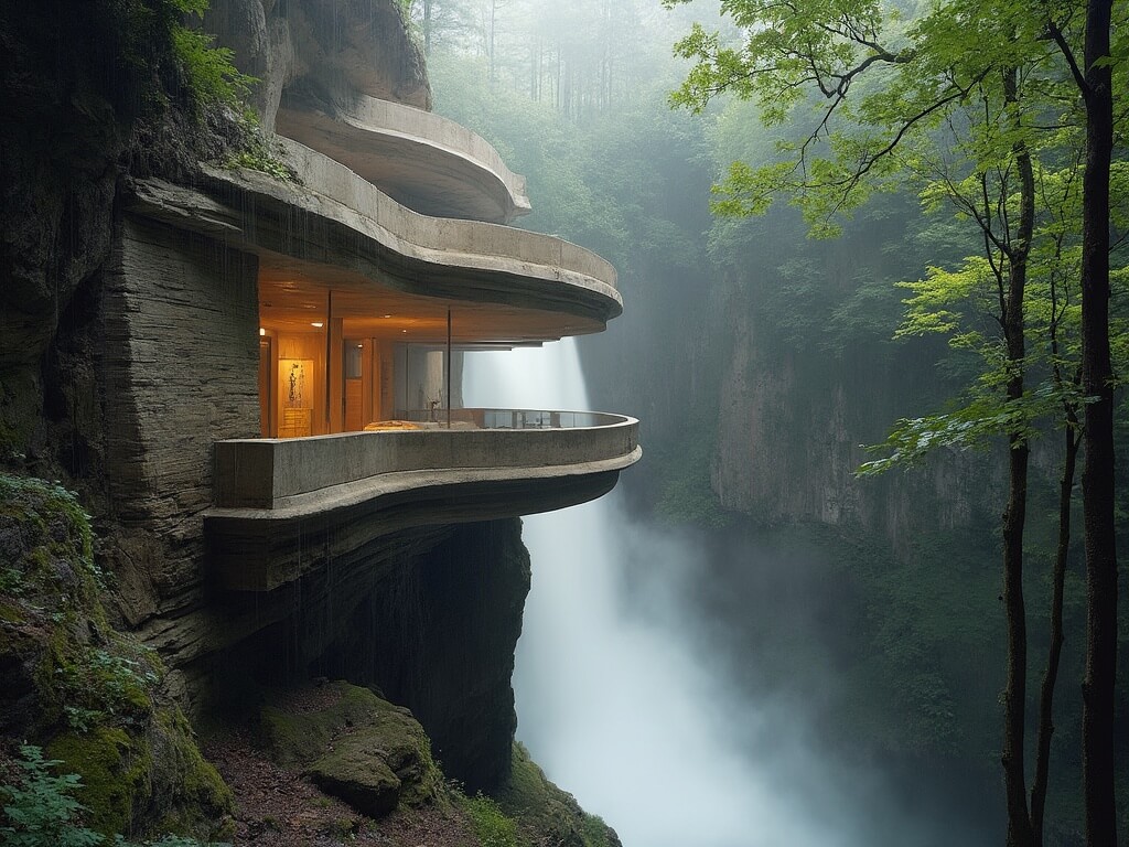 Dramatic shot of Fallingwater's cantilevered terraces over the Bear Run waterfall, showcasing horizontal concrete platforms and native Pennsylvania sandstone walls with morning mist rising from the cascades, set in a dense forest.