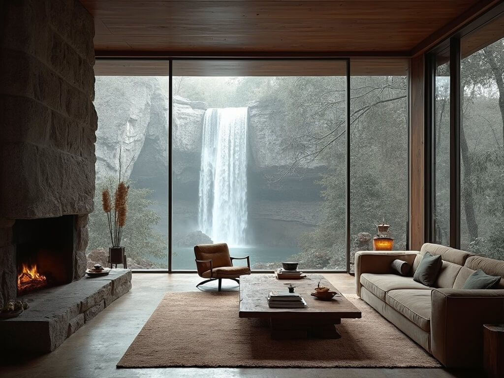 Fallingwater's main living room with floor-to-ceiling windows showcasing the waterfall view, stone hearth, and modernist furniture, on a grey February morning
