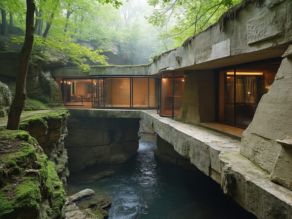 Architectural detail of Fallingwater showcasing the intersection of rough-hewn sandstone, smooth reinforced concrete cantilevers, visible steel structures, and reflective glass panels with water droplets from the mist of Bear Run, displaying Frank Lloyd Wright's innovative use of materials and 1930s construction technology.