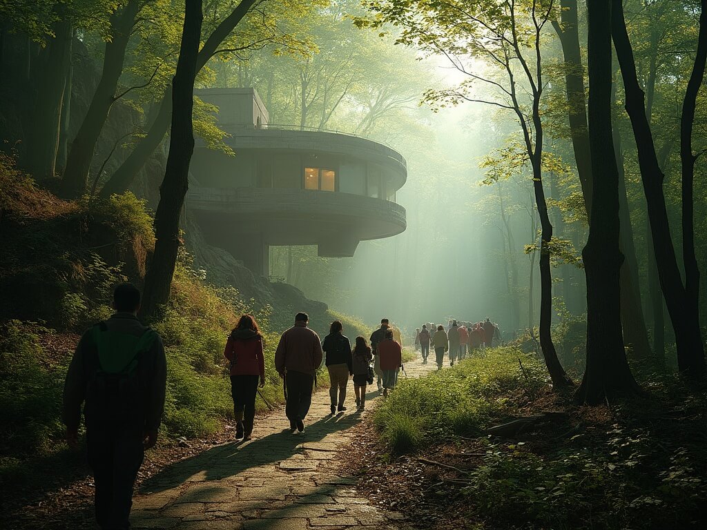 Group of visitors on woodland trail leading to Fallingwater House with forest light filtering through Pennsylvania trees, hints of cantilevered structure seen through foliage.