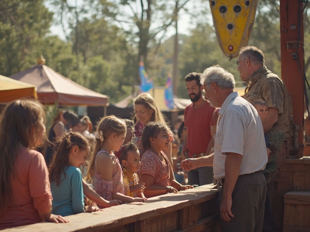 Diverse families waiting in line at the Grand Exposition Coaster loading platform with children comparing their height to the requirement sign, grandparents discussing the track layout, and background view of craft demonstration tents and live music performance at the park