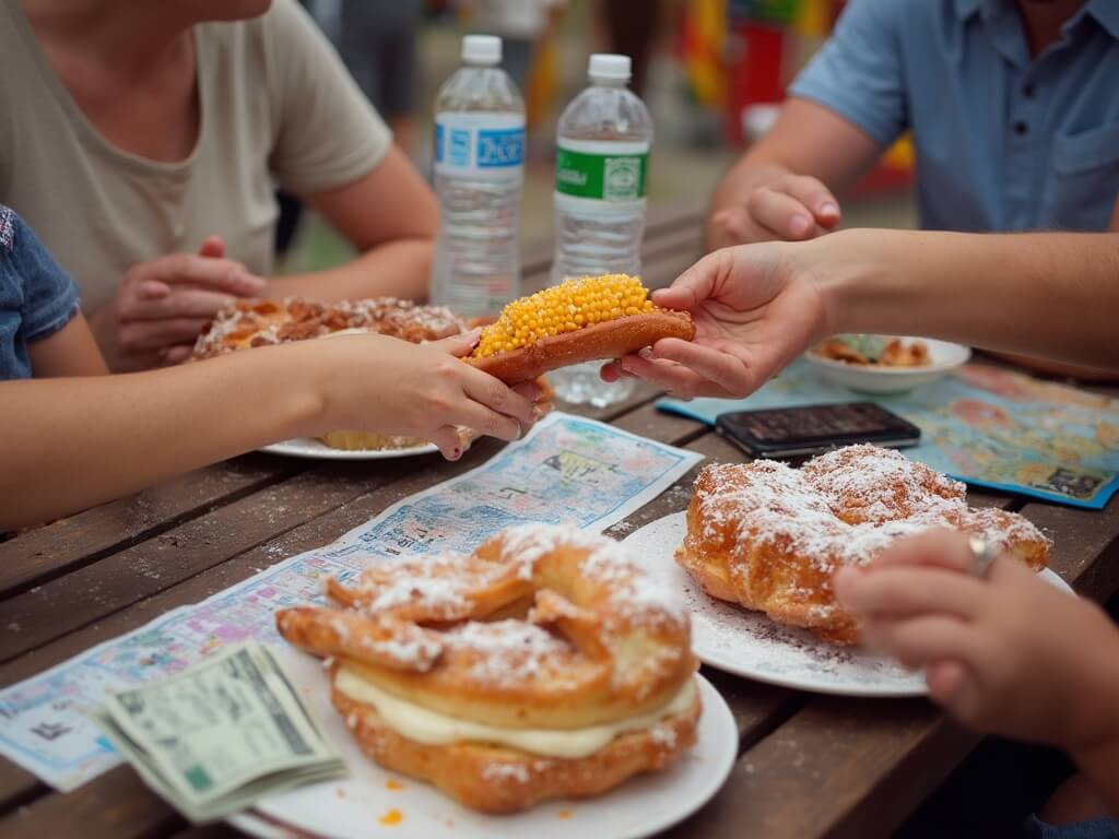Family of four sharing oversized fair foods at a picnic table, children splitting a massive corn dog, parents eating a huge funnel cake, with fair tickets, cash, fairgrounds map, water bottles, and a phone charger on the table.