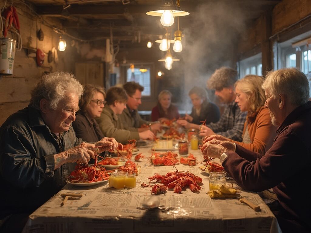 Family enjoying lobster dinner in a rustic lobster pound, with Edison bulbs casting warm light overhead and decorations of old lobster traps and buoys on weathered wood walls