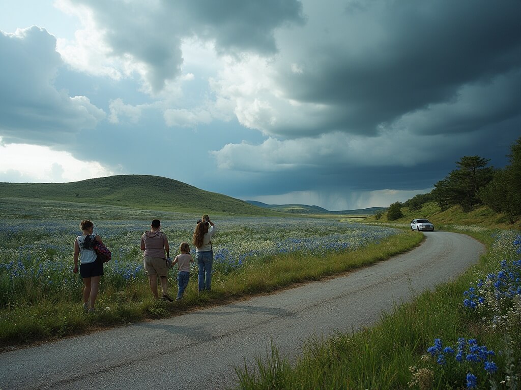 Family of four photographing wildflowers from viewing area on Hill Country road, with car parked on the shoulder, background of dense bluebonnets and paintbrush on rolling hills, and gathering storm clouds in the distance