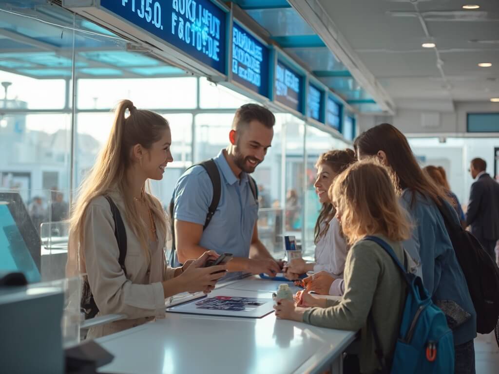 A family of four purchasing tickets at a modern counter, mother with digital tickets on smartphone, father counting cash, children looking excited, LED displays with bundle deals, ticket agent behind glass partition, in a bright clean interior with blue lighting, morning sun through large windows, other families in queue in the background
