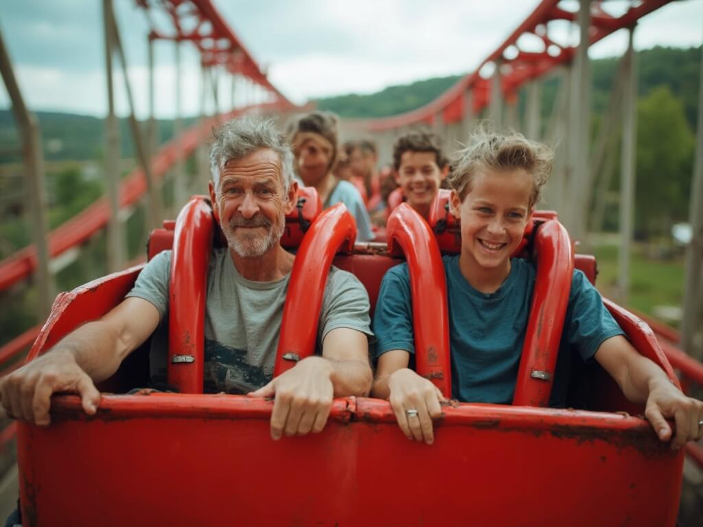 Middle-aged father gripping roller coaster restraints with fear, beside a grinning son in a spinning coaster car, contrasting emotions of riders against Ozark Mountain backdrop.