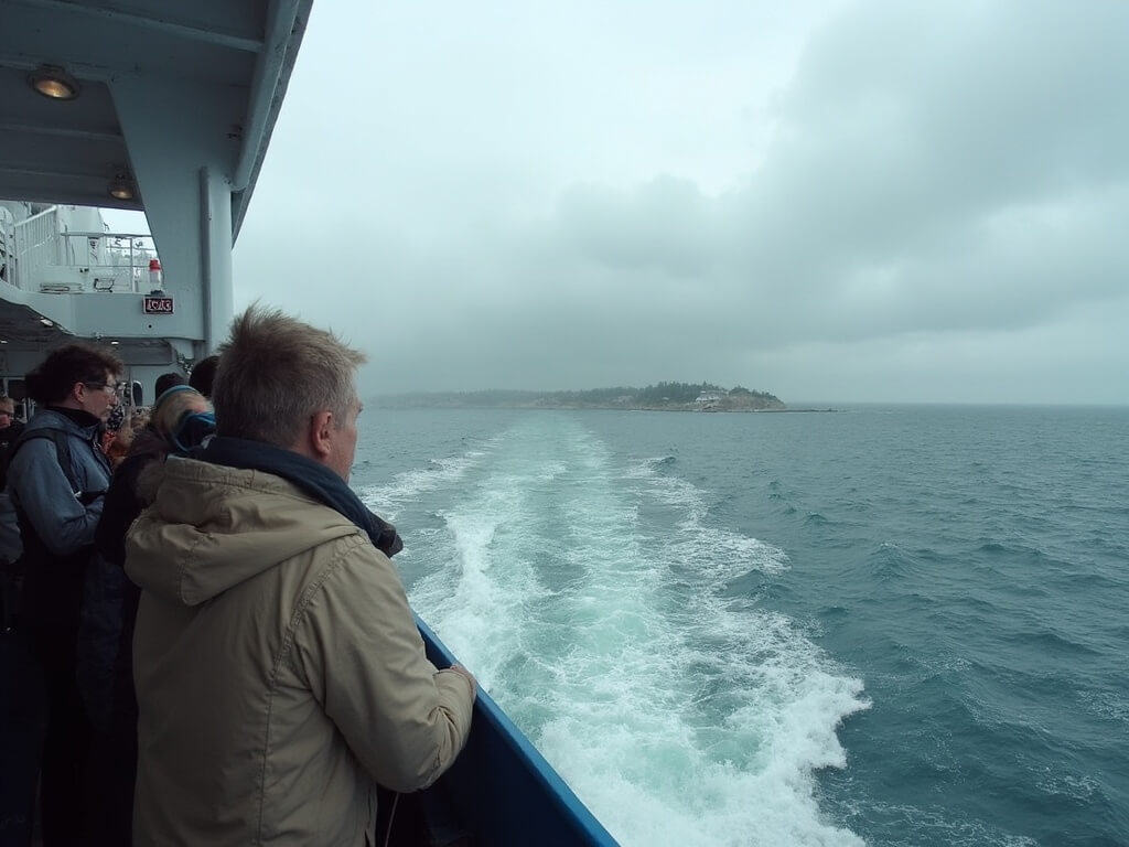 Passengers on a hydro-jet ferry approaching Mackinac Island with its historic buildings visible on the horizon, braving rough Lake Huron weather under moody clouds.